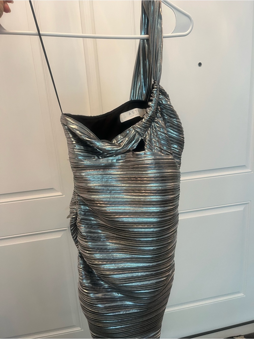 Astr Silver Metallic Pleated One-Shoulder Dress